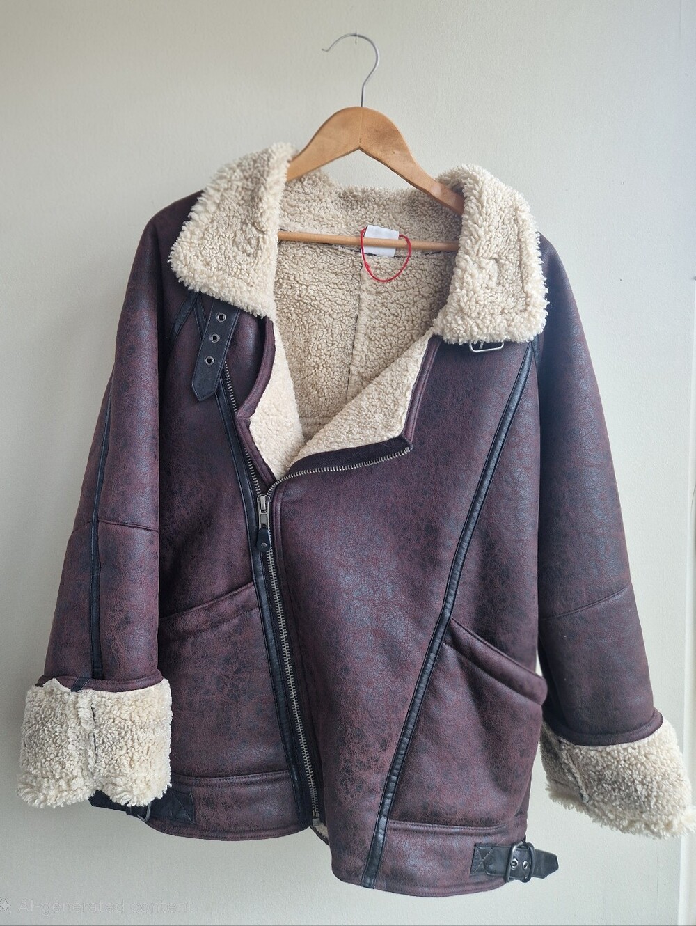 Urban Outfitters Dark Brown Faux Shearling Moto Jacket with Cream Trim